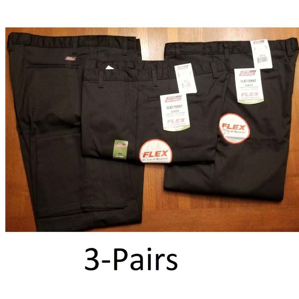 NWT 3-Pack Dickies Men's Flat Front Flex Pant Slim Fit Work Pants 40x30 (black)
